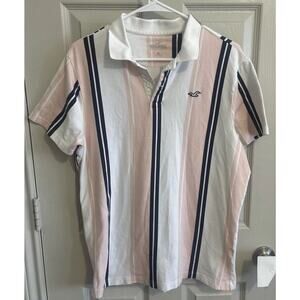 Hollister Polo Shirt‎ Mens Large Pink Blue White Stretch Collared Preppy (e1)